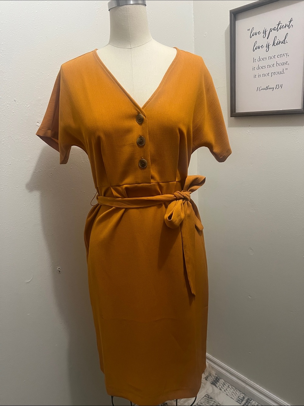 Ann Taylor Factory V-Neck Belted Midi Dress in Mustard Orange